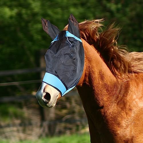 SMFUSMFU 马术用飞马口罩用品马匹飞面罩带耳朵透气细网保护眼睛免受昆虫害虫和紫外线保护,可调节贴合舒适(蓝色,大号)