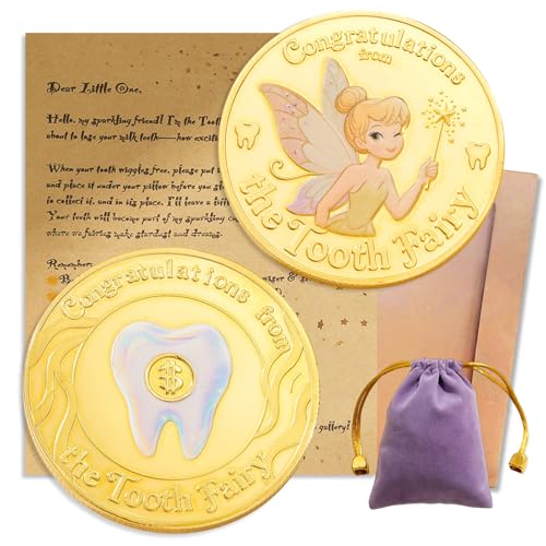 Meliatomia Tooth Fairy Gifts for Boys & Girls Tooth Fairy Coins Token - First Tooth Keepsake Kit & Magical Milestone Gift Golden Coins Token with Tooth Pouch Letter from Tooth Fairy (1PC-Bag Set)