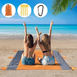 Kalawen Nylon Beach Mat,210x200cm Sandproof Waterproof Beach Blanket with 6 Integrated Sand Anchor Pockets and 4 Fixed Nails, Large Lightweight Outdoor Beach Mat for Picnic,Camping and Hiking-Orange