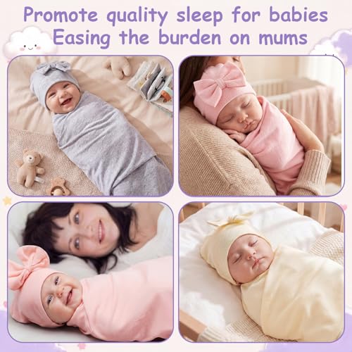 Image of Ramede 6 Set Baby Swaddle Blanket and Hat, 100% Cotton Newborn Receiving Blanket Wrap with Headband, 31.5 inch Soft, Breathable for Girl Boy Nursery Sleep Cradle Sheet Breastfeed Cover(Simple,Pink)
