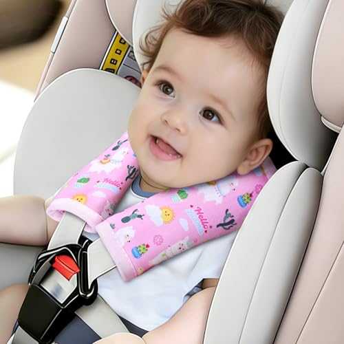 Image of COOLBEBE Car Seat Straps Shoulder Pads for Baby Kids, Super Soft Seat Belt Covers for All Car Seats /Pushchair /Stroller /High Chair, Pink Alpaca, Polyester Material
