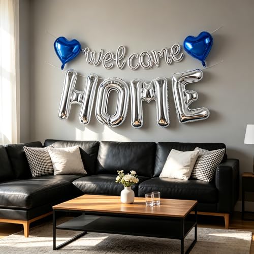 Image of TONIFUL 2 Size Silver Foil Welcome HOME Letter Balloons Banner Decorations