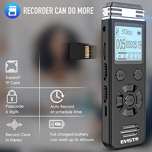 EVISTR V508 Digital Voice Recorder with SD Card - Audio Recording Device for Lectures and Meetings with External Microphone, Line-in, Password, USB Rechargeable (8GB+32GB)
