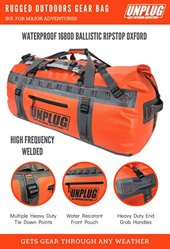 Unplug Ultimate Adventure Bag -1680D Heavy Duty Waterproof Duffel Bag for Boating, Motorcycling, Hunting, Camping, Kayaks or Jet Ski. Gets Gear Through Any Conditions (110L, Adventure Orange)