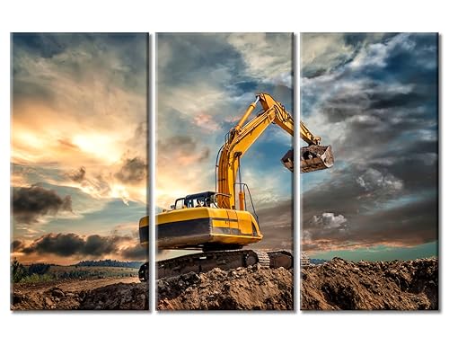 TUMOVO Construction Site Paintings Wall Art 3 Panels Heavy Organge Excavator Paintings for Wall Decorations Excavator Wall Prints Giclee Print Gallery Packaging Artwork Ready to Hang (42" Wx28 H)