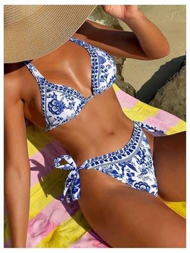 Milumia Women's Boho Floral Halter Bikini Set Tie Side Low Waisted 2 Piece Swimsuits4