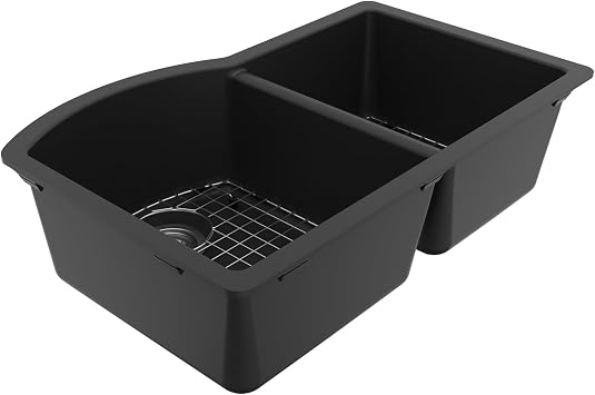 Karran QU-610 32 Inch Undermount Quartz Composite Kitchen Sink, 60/40 Double Bowl Granite Composite Sink Kit with Bottom Grids, Basket Strainers & Cleaning Oil (Black)