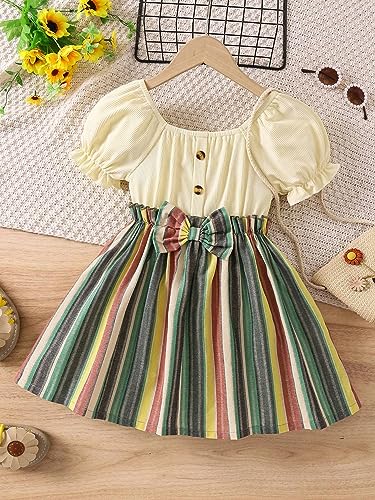 Image of TAGAS Toddler Girls Striped Print Puff Sleeve Bow Front Dress || Stripe Pattern Dress for Kids || A Line Dress || Puff Sleeve Dress for Kids || Casual Dress (KD-202)