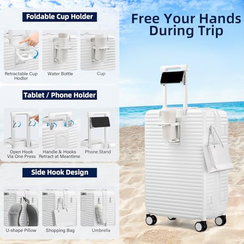 Hard Shell Suitcases 24 Inch Check in Luggage with Spinner Wheels Cup Holder, Lightweight Top Opening Expandable Luggage Hard Case Rolling Medium Checked Suitcase with Lock, White3