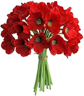 Decpro 12 Pcs Artificial Poppy Anemones, 13 Inches Realistic Latex Poppy Flocking Stemmed Flowers for Home Wedding Party Decor, Floral Arrangements, Table Centerpieces( Red)