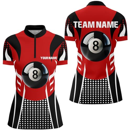 Personalized Red Black 8 Ball Billiard 3D Quarter Zip Shirts for Women Billiards 8 Ball Pool Jerseys V1037