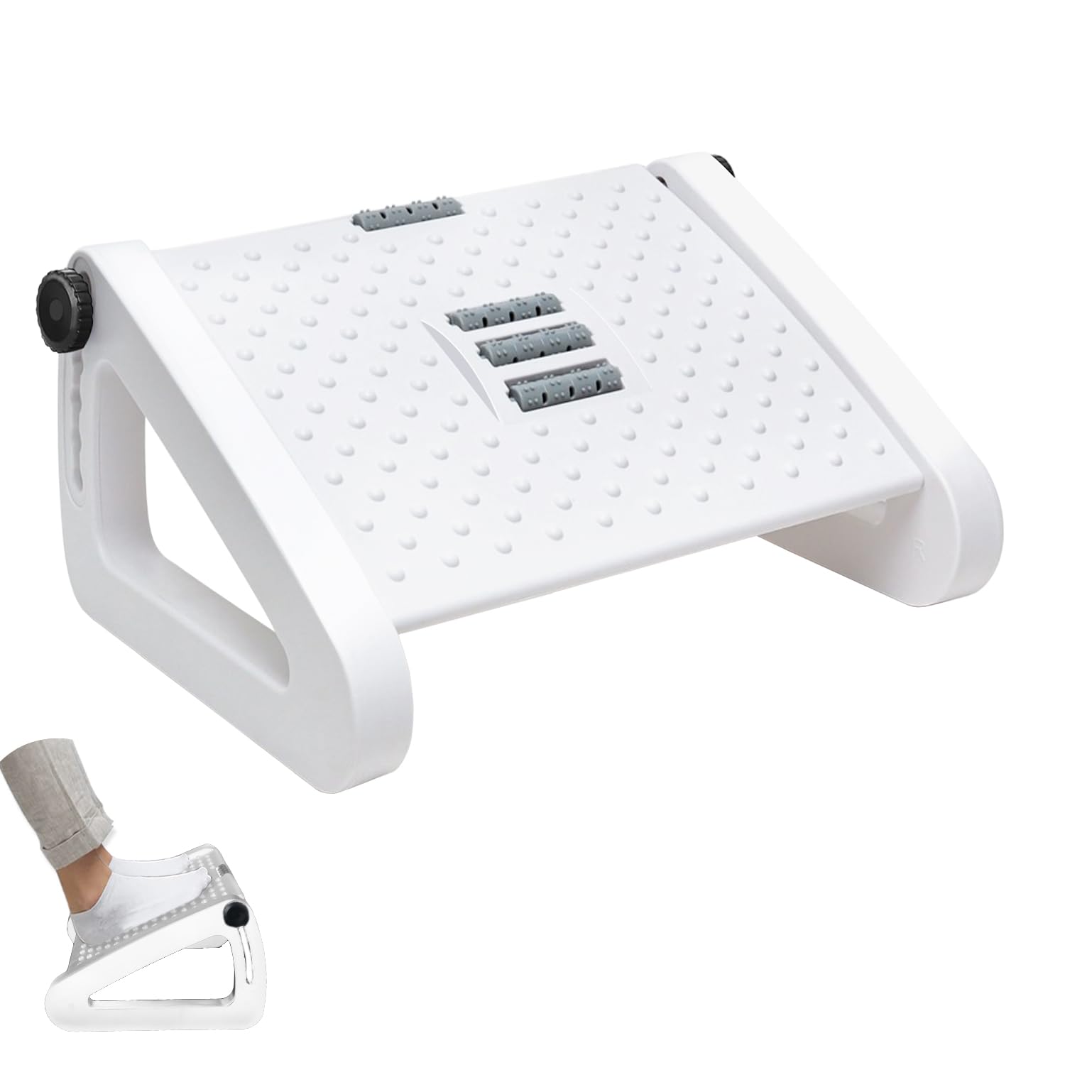 Qcdou Foot Rest Under Desk, Adjustable Office Foot Rest, Ergonomic Foot Stool with Roller Massager, Non-Slip Foot Stool for for Home Working& Office & Travel, Relieve Leg, Knee and Back(White)