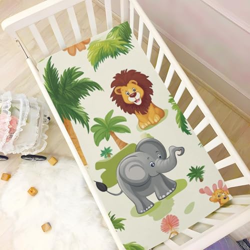 Image of Crib Sheet Breathable Soft Crib Mattress Sheet for Baby Toddler Boys Girls Fitted Crib Sheet Fit Standard Crib Mattress 39 x 27 Inch Beige Lion Elephant Giraffe Cartoon