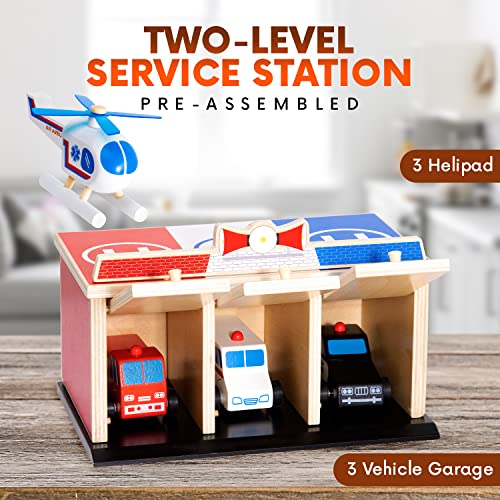 Rescue Station Kids Playset - 2-Level, 3-Bay Parking Garage Toy Set With Fire Truck, Ambulance, Police Car, And 3 Rescue Helicopters - Wooden Toy Rescue Vehicles For Kids Ages 3 And Up #TOP3