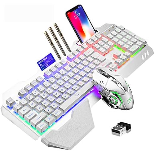 Wireless Gaming Keyboard and Mouse,RGB Backlit Rechargeable Keyboard Mouse with 5000mAh Battery Metal Panel,Removable Hand Rest Mechanical Feel Keyboard and 7 Color Gaming Mute Mouse for PC Gamers