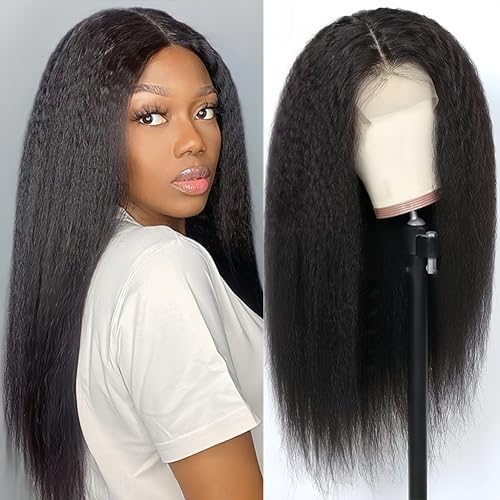 ZIYU 20 Inch Kinky Straight Wig 180% Density Human Hair Wig for Women, Yaki Straight 13x4 Lace Front Wig Human Hair Pre Plucked with Baby Hair Natural Black Color