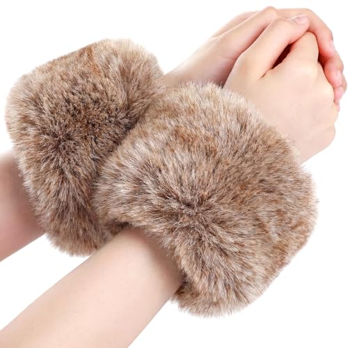 SATINIOR Womens Faux Fur Short Wrist Cuff Warmers White