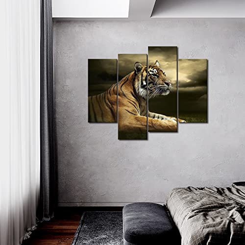 4 Panel Wall Art Tiger Looking And Sitting Under Dramatic Sky With Clouds Painting Pictures Print On Canvas Animal The Picture For Home Modern Decoration Piece Stretched By Wooden Frame,Ready To Hang #TOP1