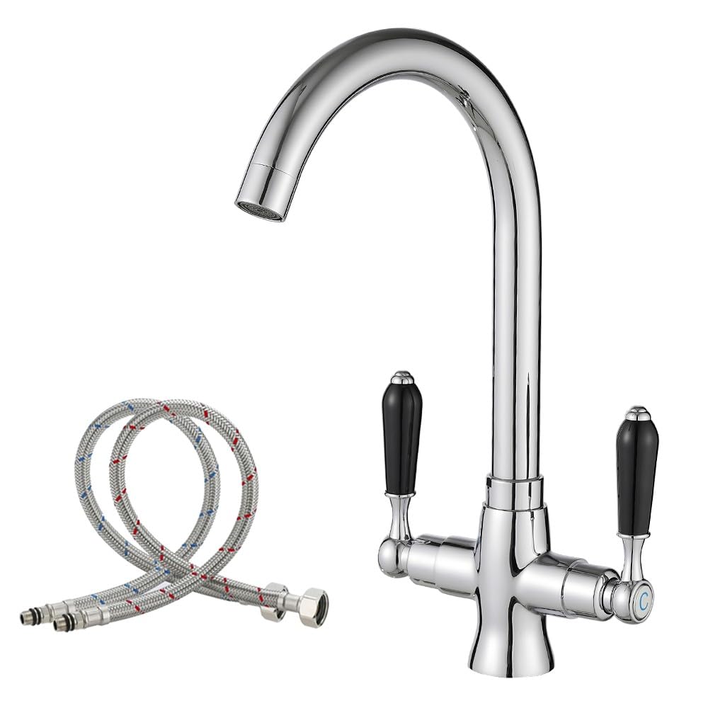 Haiba Kitchen Mixer Tap Sink Faucet 1 Hole Brass Material Black Dual Lever Monobloc Gooseneck High Arch 360 Swivel Spout Chrome Sink Taps Deck Mount with Flexible Hoses