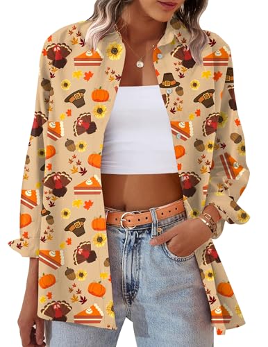Womens Thanksgiving Pumpkin Pie Shirt Turkey Leaf Print V Neck Tops Long Sleeve Button Down T-Shirts M