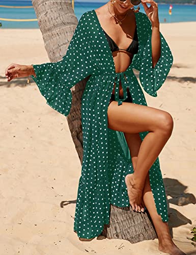 Bsubseach Women Chiffon Dot Print Beach Kimono Cardigan Long Bathing Suit Cover Up Peacock Green - Image 4