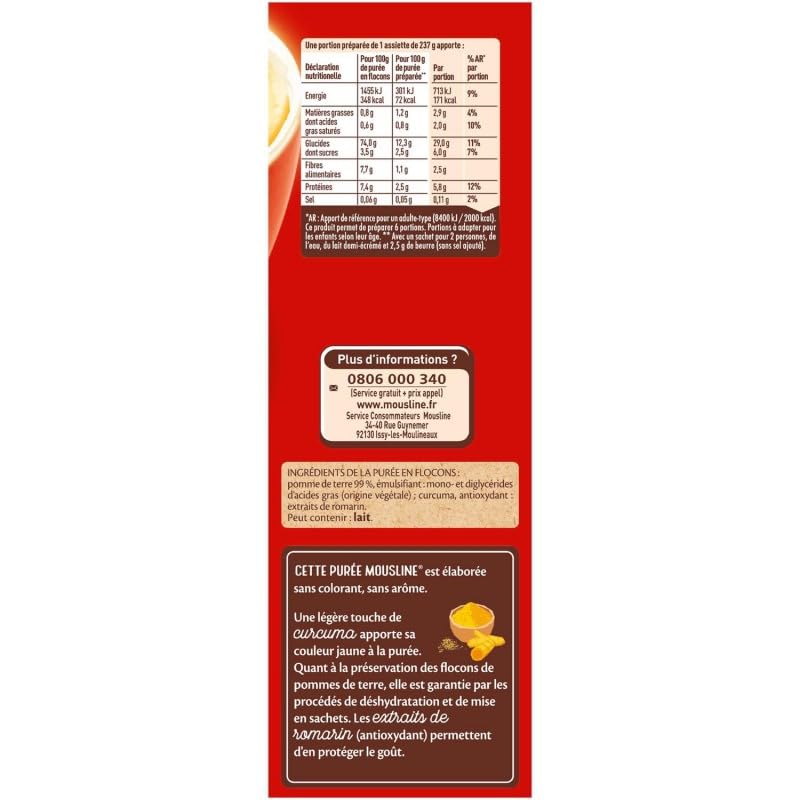 MOUSLINE Purée Nature 3 Sachets pour 2 | Format Pratique 195g | Purée de Pommes de Terre Savoureuse | Idéale pour vos Accompagnements Quotidiens! - Le Lot De 4