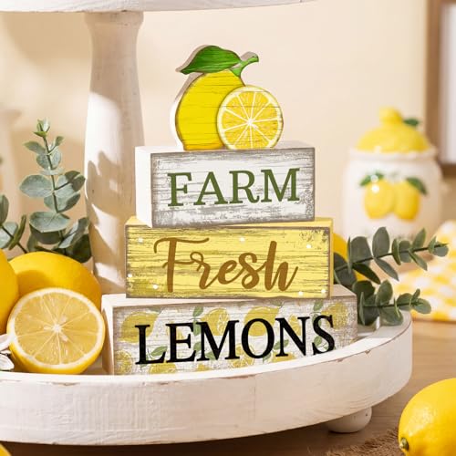 Image of Moucuny 4 Pcs Summer Lemon Decor Summer Table Decorations Farm Fresh Lemons Wooden Stacked Block Decor Rustic Summertime Tiered Tray Decoration Fruits Centerpiece for Home Kitchen Dining Room Mantel