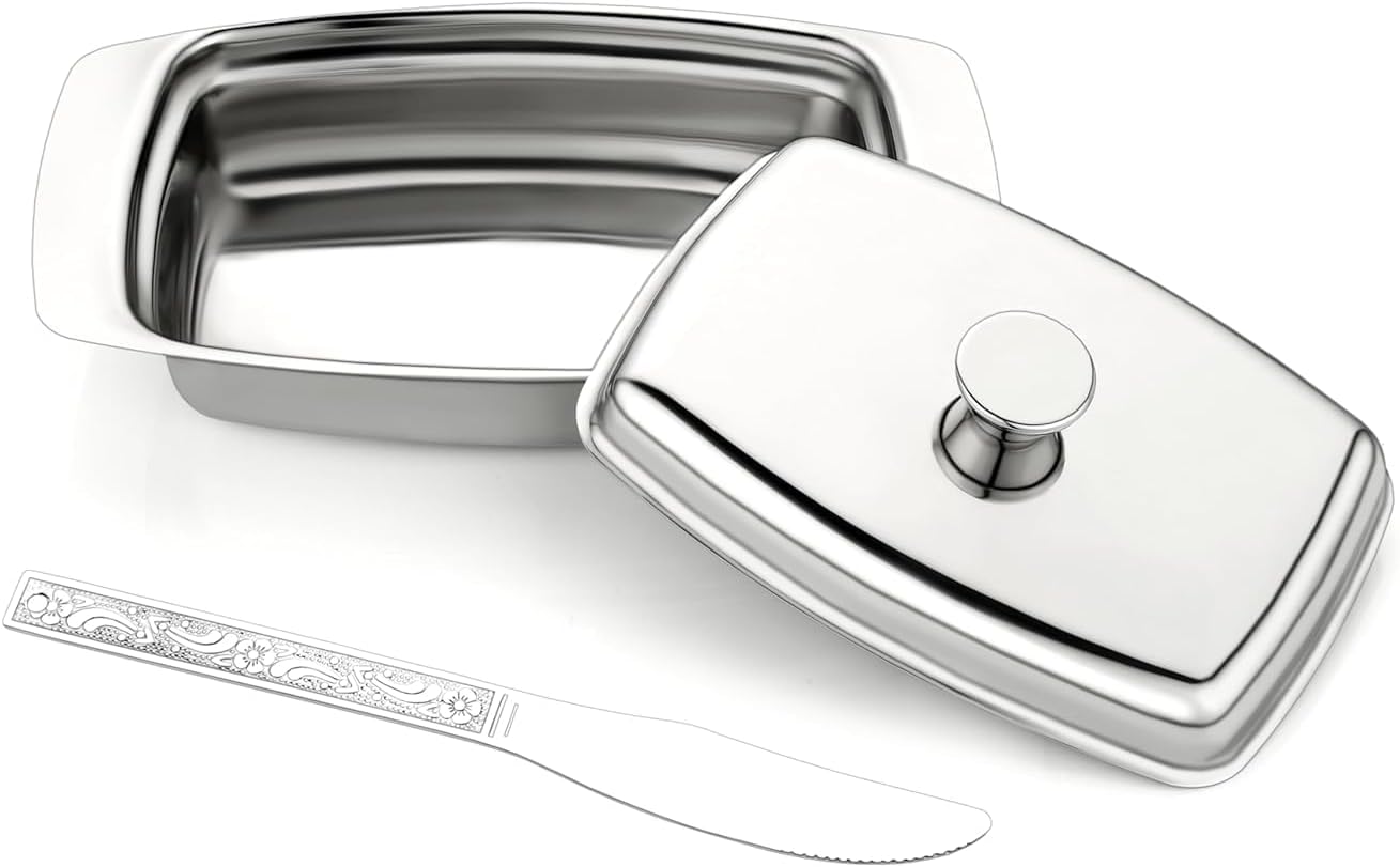 Steel Butter Dish with Lid | Butter Plate with Free Steel Butter Knife | Stainless Steel Butter Box/Butter Container with Lid 250 Grame 8.81oz