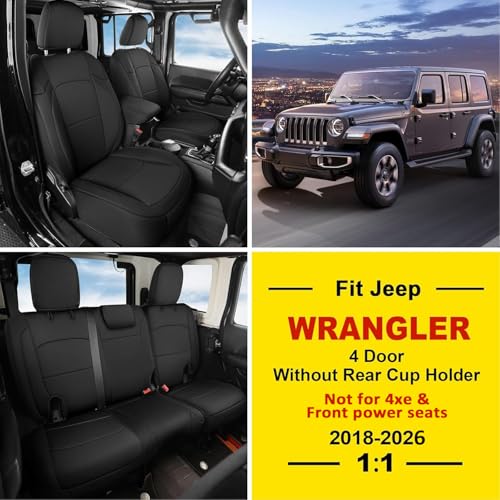 Image of GIANT PANDA Neoprene Seat Covers for Jeep Wrangler JL 4-Door (2018-2026), Neoprene Waterproof Seat Covers W /O Armrest Cover, Foam Padded for Full Set (Black)