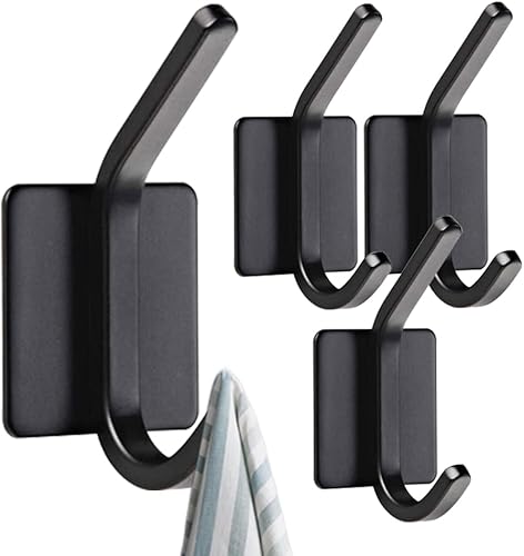 4 ganchos de pared autoadhesivos para colgar toallas y abrigos, colgador de doble gancho para pared, ganchos de toalla para baños, cocina (A_Negro)