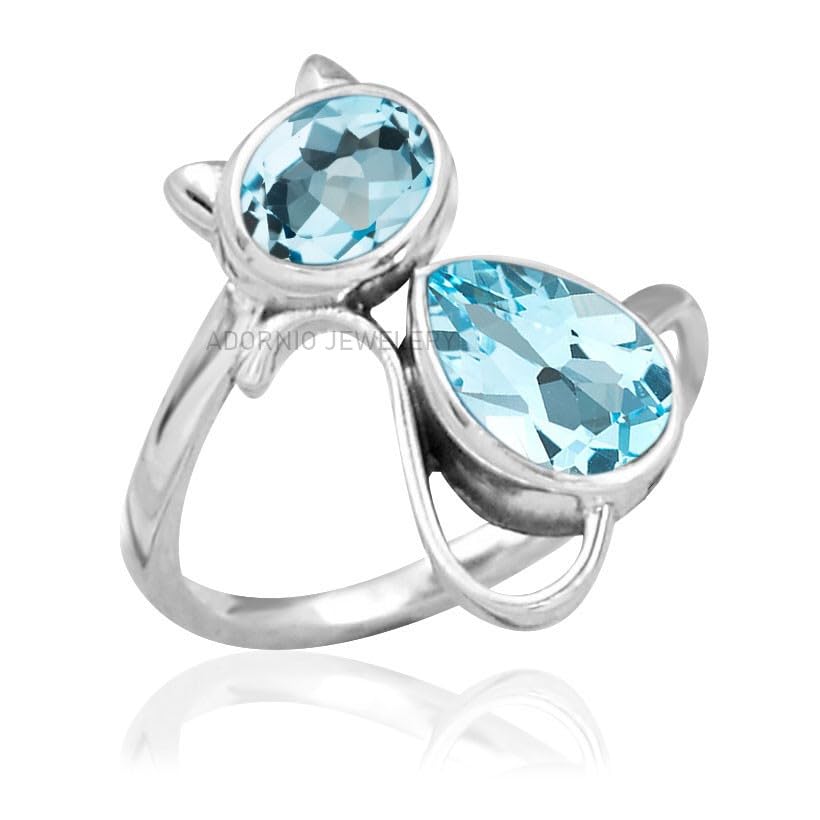 Fine Sterling Silver Ring For Women & Girls Genuine Blue Topaz Ring Sterling Silver Statement Ring December Birthstone Pear Gemstone Cat Ring