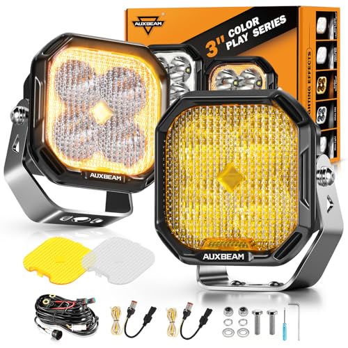Image of Auxbeam Color Play 3 inch LED Pods 11600LM Flood Beam Offroad Driving Lights | White DRL / Amber Turn Signal, 100W Ultra Bright, 120 Wide Flood, IP68 Waterproof, for Jeep ATV UTV Truck, Swap Covers