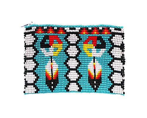 Native American Inspired Medicine Wheel Feather Czech Glass Seed Beaded Coin Purse Zipper Pouch - Womens Fashion Handmade Bags Tribal Travel Accessories (Turquoise)