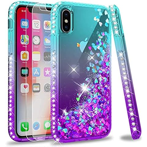 LeYi Case for iPhone XS/iPhone X with Glass Screen Protector [2 pack], Girl Women 3D Glitter Liquid Cute Personalised Clear Silicone Gel Shockproof Phone Cover Apple iPhone XS iPhone X Blue Purple Cover