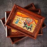 Swadeshi Blessings Wooden Serving Tray Set- Handcrafted & Hand-Painted for Kitchen/Table & Home Decor/Dinning/Gifts/Restaurants/Living Room/Coffee Table (Set of 3 Trays) (Brown)