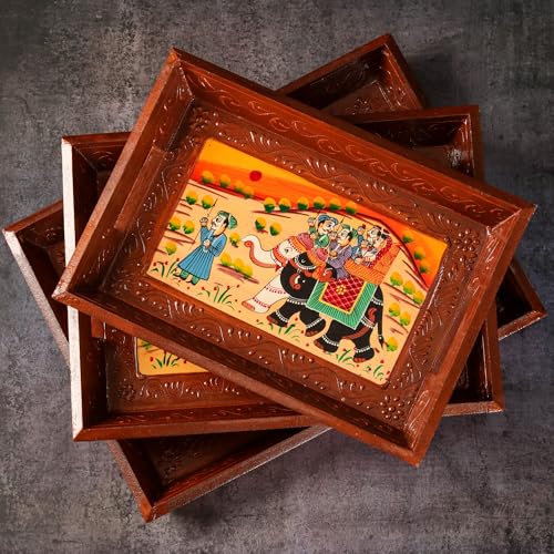 Swadeshi Blessings Wooden Serving Tray Set- Handcrafted & Hand-Painted for Kitchen/Table & Home Decor/Dinning/Gifts/Restaurants/Living Room/Coffee Table (Set of 3 Trays) (Brown)