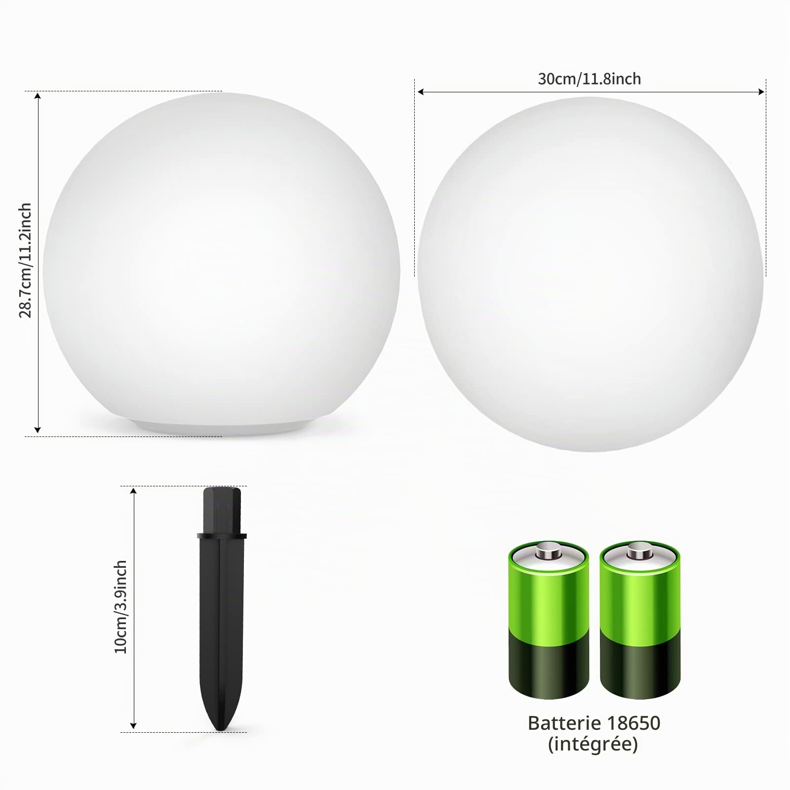 Jonwall Lampes solaires d'extérieur RGBW, boule de lumière solaire 30 cm, boule solaire avec changement de couleur, lampes solaires LED IP67 1800 mAh Batterie pour jardin, balcon terrasse