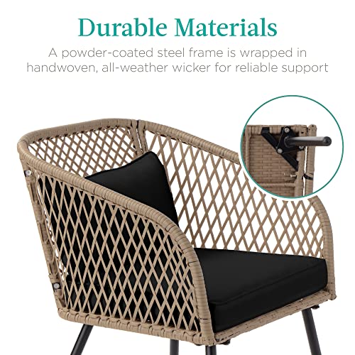 Best Choice Products 3-Piece Outdoor Wicker Bistro Set, Patio Dining Conversation Furniture For Backyard, Balcony, Porch W/Diamond Weave Design, Tempered Glass Side Table, 2 Chairs - Black #TOP1