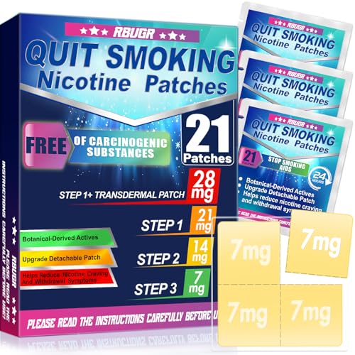 RBUGR Nicotine Patches Step 1+, 21mg Upgraded to 28mg, It Can de Divided Into Four Pieces, 7mg. Quit Smoking Aid, Patch Provides a 24-Hour Nicotine Transdermal System (21 Phtches)