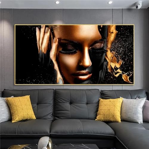 Tableau africain or noir XXL pour salon moderne : décoration murale encadrée