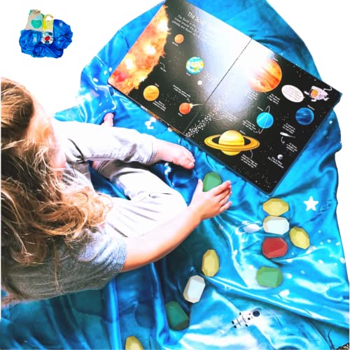Avery & Ruth - Astronaut - 6' x 3 Feet 100% Silk Play Scarf - Waldorf Toy for Dancing Open Ended Play- 10 Maple Wood Balancing Blocks