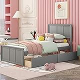 Twin Bed Frame with Drawers, Wood Kids Platform Frame Twin Size Bed with Storage, Wheels,...