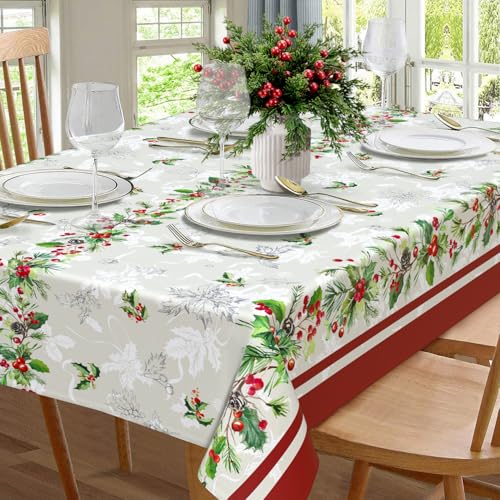 Mantel de flores de Pascua rojas de Navidad, mantel impermeable de Navidad, decoración de mesa de cocina, comedor, vacaciones, fiesta, 152 x 259 cm, rectangular