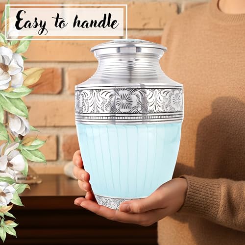 Image of ALPHA Living HOME Cremation Urns for Human Ashes Adult - Handcrafted Aluminum Memorial Funeral Urn with Silver Engraving, Decorative Burial Urn with Secure Screw Lid, (Sky Blue & Silver)