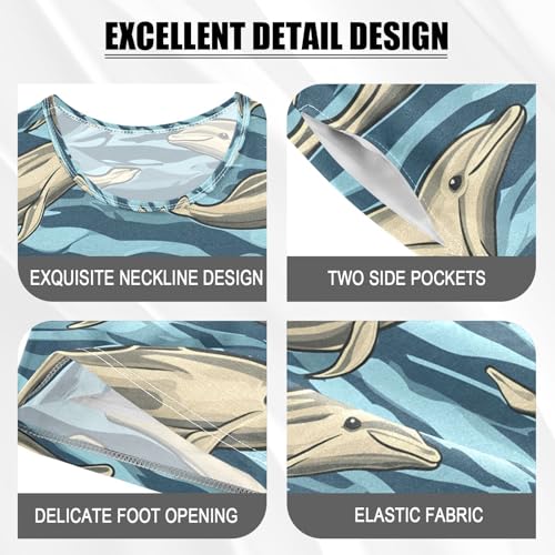 ALAZA Dolphin Ocean Wave Blue Pajamas Set Short Sleeve Cotton Sleepwear Summer Pjs 2 Piece 5-14Y4