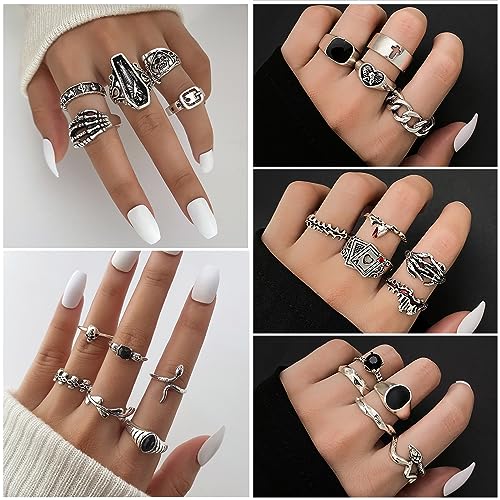 IFKM Vintage Silver Knuckle Rings Set for Women, Stackable Joint Finger Statement Rings Bohemian Retro Hollow Carved Midi Rings, Boho Halloween Skeleton Skull Snake Heart Chunky Stacking Rings Pack4