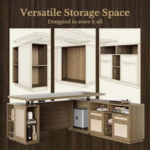 Image of 70 inch Standing Desk with File Cabinet, L Shaped Electric Height Adjustable Desk with AC /USB，Privacy Panel, Computer Executive Corner Table for Home and Office, Natural Oak