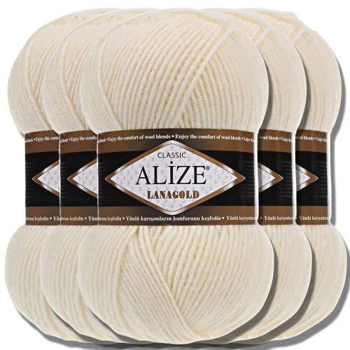 Alize Lanagold Classic - Ovillo de lana de algodón y acrílico (5 unidades, 100 g, hilo para tejer a mano, hilo de punto, monocolor, para crochet, para tejer ropa, bufandas (crema, 1) Cover