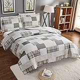 Jarson Patchwork Quilt Set Full/Queen Size 3-Piece Plaid Bedspread Coverlet Bed Cover with 2 Shams Lightweight Soft Bedding Set for All Seasons (Gray White)