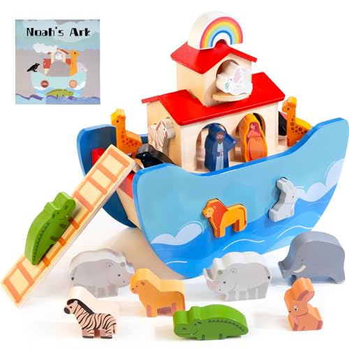 Image of JUSTWOOD Wooden Noahs Ark Toy Animal Play Set, Bible Story Toys Baptism Gift for Boys and Girls Ages 1+ Years, Baby Shape Sorter Toy SS09
